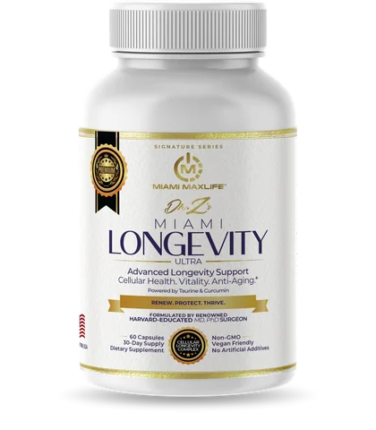 Dr. Z's Miami Longevity Ultra bottle, front label: advanced longevity support with taurine and curcumin, 60 capsules
