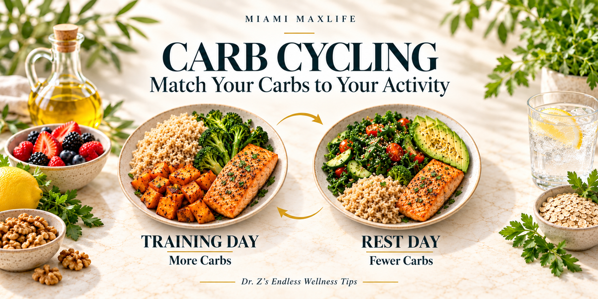 Two balanced meals compare carb portions: the training-day plate has more rice and sweet potato, while the rest-day plate has fewer carbs. Centered text reads “Carb Cycling: Match Your Carbs to Your Activity.
