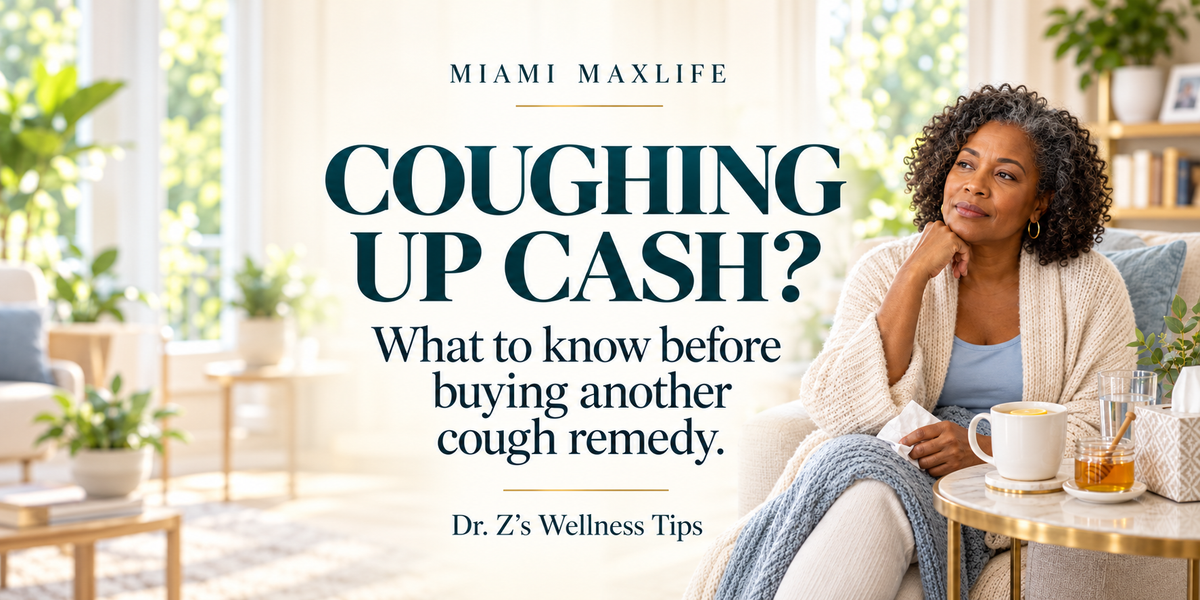 A woman resting with a tissue beside tea and honey, next to the centered headline “Coughing Up Cash?” and subtitle “What to know before buying another cough remedy