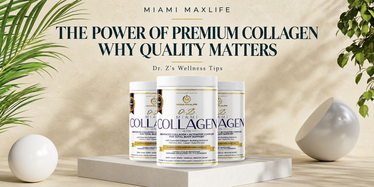 Three Dr. Z’s Miami COLLAGEN Ultra tubs arranged on a display stand beneath the centered headline “The Power of Premium Collagen: Why Quality Matters.