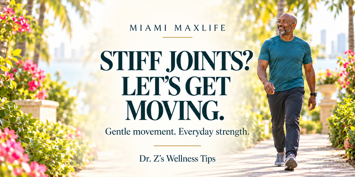 A South African man walks along a sunny garden path beside the centered headline “Stiff Joints? Let’s Get Moving.” and the subtitle “Gentle movement. Everyday strength.