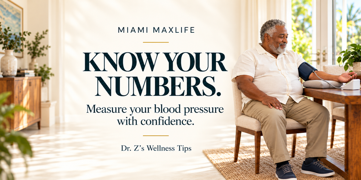 Older, heavier-set man seated at home taking his blood pressure with an upper-arm monitor, beside the centered headline “Know Your Numbers” and subtitle “Measure your blood pressure with confidence.