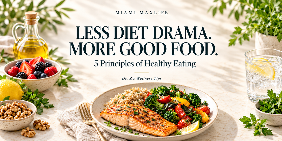 A balanced plate of salmon, whole grains, and vegetables, framed by berries, nuts, olive oil, and water, beneath the centered headline “Less Diet Drama. More Good Food.