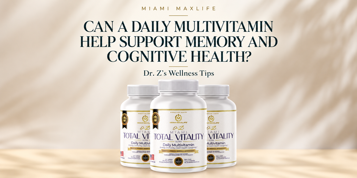 Three Dr. Z’s Miami TOTAL VITALITY Ultra bottles beneath the centered headline “Can a Daily Multivitamin Help Support Memory and Cognitive Health?