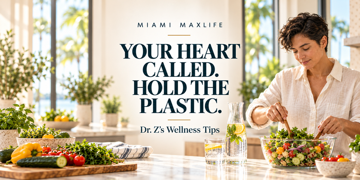 Gender-neutral person preparing a colorful salad in a bright kitchen beside the centered headline “Your Heart Called. Hold the Plastic.” and Dr. Z’s Wellness Tips branding.
