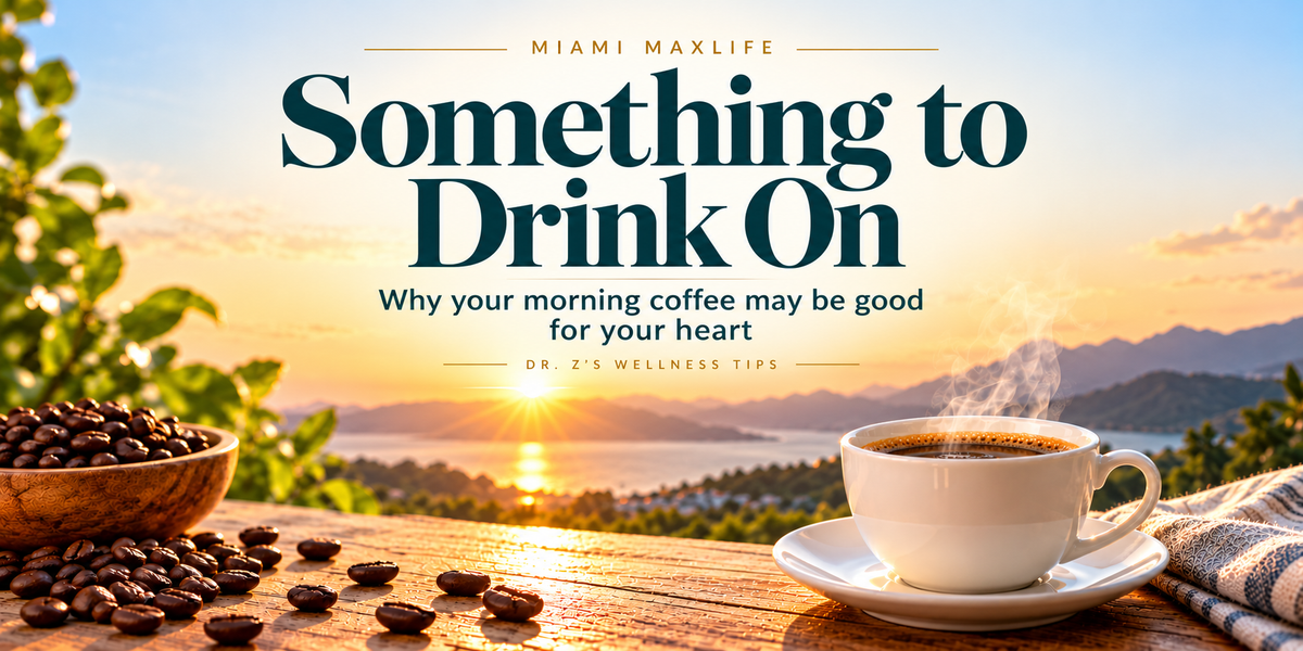 Steaming coffee and roasted beans overlooking the water at sunrise, beneath the headline “Something to Drink On” and subtitle “Why your morning coffee may be good for your heart.