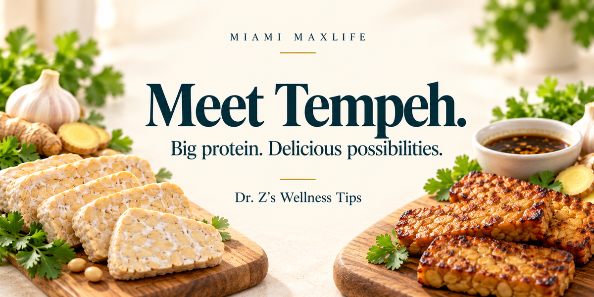 Plain and golden pan-seared tempeh with garlic, ginger, herbs, and marinade frame the headline “Meet Tempeh. Big protein. Delicious possibilities.