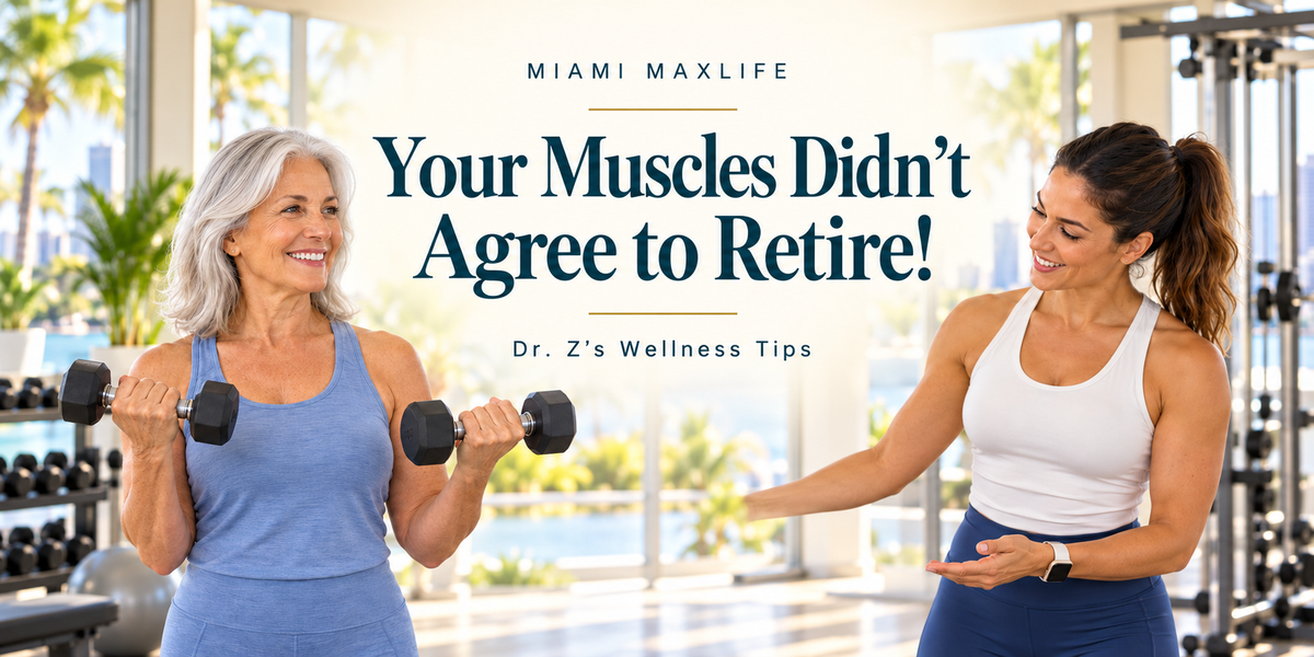 Older woman lifting dumbbells with a trainer in a bright gym, beneath the headline “Your Muscles Didn’t Agree to Retire!