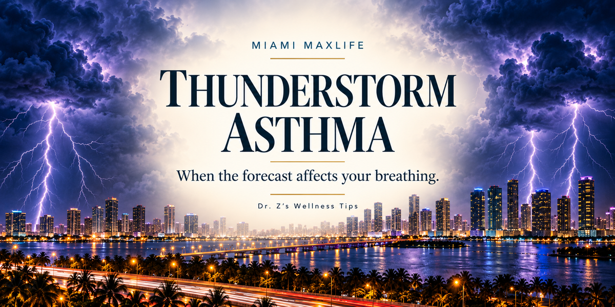 Lightning and storm clouds over a waterfront city frame the headline “Thunderstorm Asthma” and subtitle “When the forecast affects your breathing.