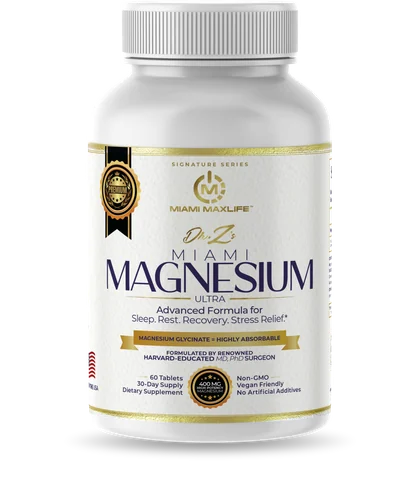 Frasco de Miami Magnesium Ultra del Dr. Z, etiqueta frontal: glicinato de magnesio de alta absorción, 60 tabletas