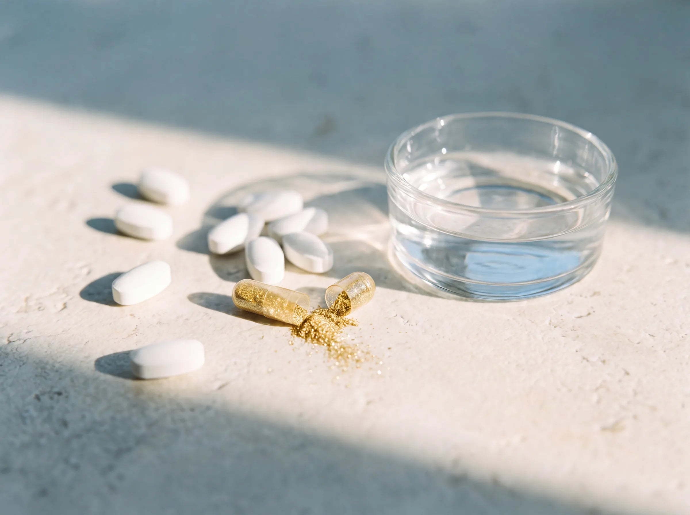 Tablets and a small dish of water on warm stone